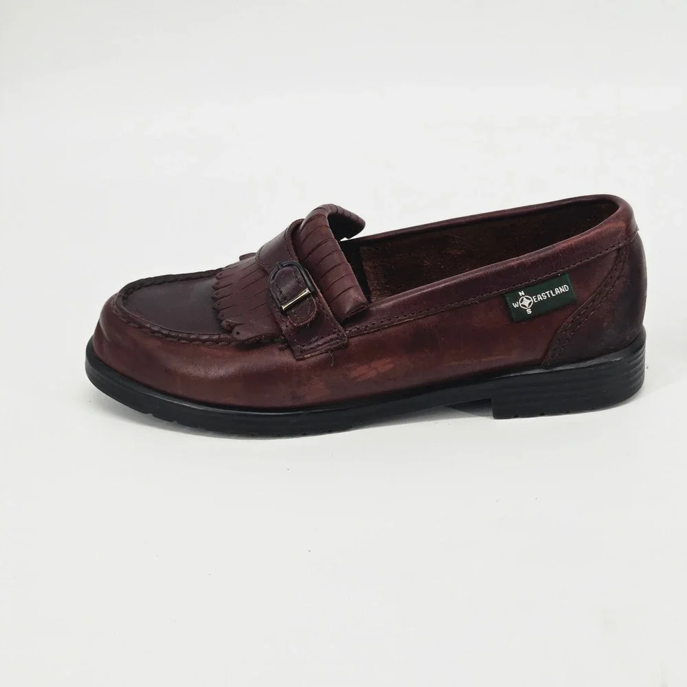 Eastland Vintage 90s Brown Leather Kiltie Fringe Buckle Penny Loafers Shoes 7M